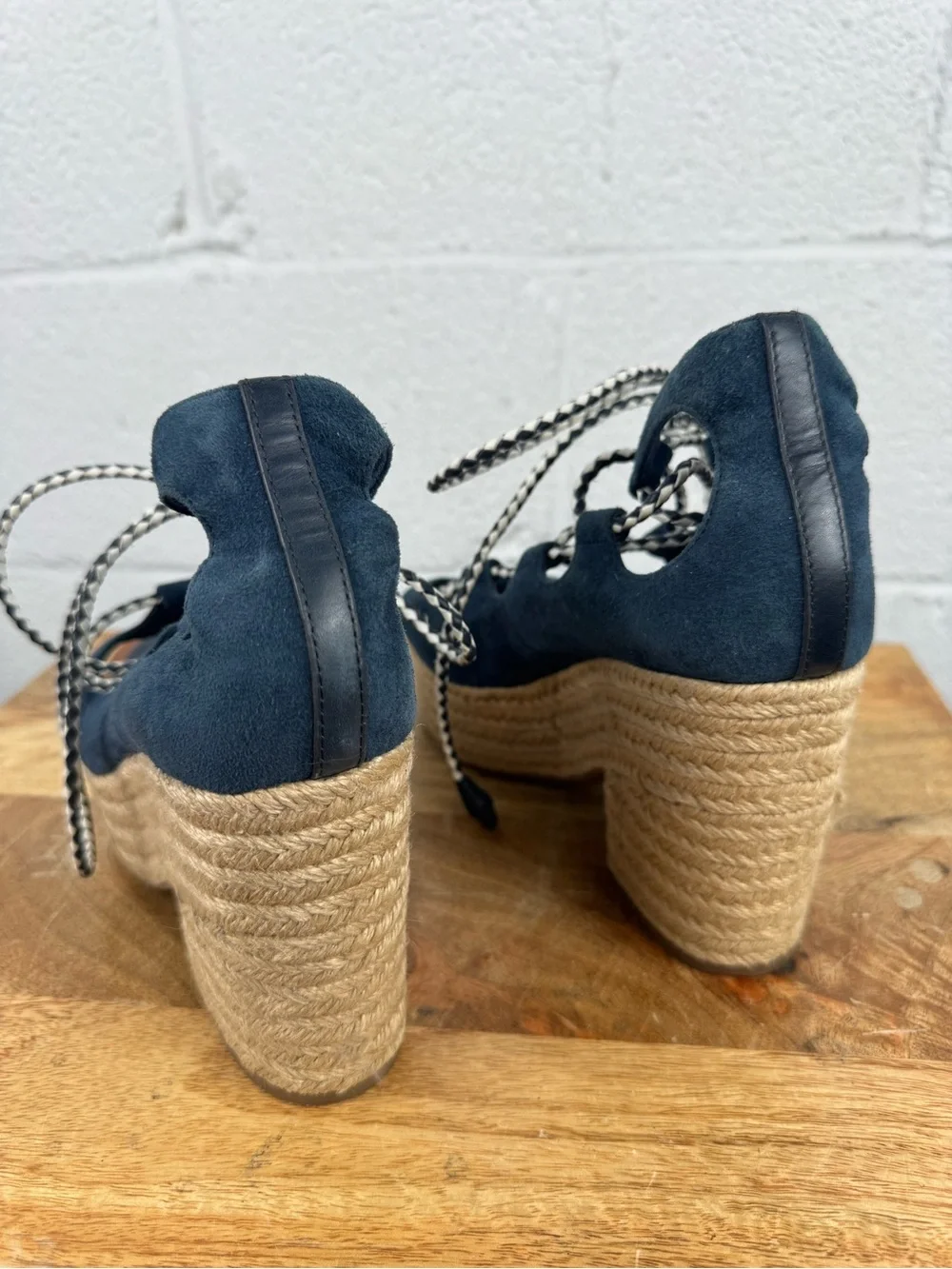 Tory Burch Navy Suede Lace-Up Espadrille Platform Block Heel Sandals Size 7
